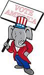 qIllustration of an American Republican GOP elephant mascot standing wearing suit and stars and stripes hat holding placard sign with the words Vote America set on isolated white background done in cartoon style.