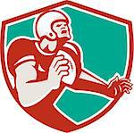 Illustration of an angry american football player holding ball looking up set inside shield crest on isolated background done in retro style.