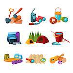 Set of hiking, climbing and camping icons, collection of vector illustrations