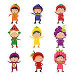 Set of cute children wearing fruit and berry costumes Vector Illustration