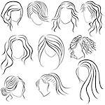 Hairstyles for women, set of ten hand drawing vector outlines