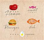 Set of watercolor labels lettering steak house, sweet candy, burger, fish, eggs forever drawing on kraft background
