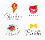 Set of watercolor labels lettering chicken drumstick, fruit, delicacy, italian pasta drawing on watercolor background