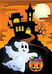 Halloween ghost near haunted castle - eps10 vector illustration.