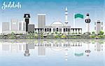 Jeddah Skyline with Gray Buildings, Blue Sky and Reflections. Vector Illustration. Business Travel and Tourism Concept with Modern Buildings. Image for Presentation Banner Placard and Web Site.