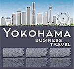 Yokohama Skyline with Gray Buildings, Blue Sky and Copy Space. Vector Illustration. Business and Tourism Concept with Modern Buildings. Image for Presentation, Banner, Placard or Web Site.