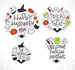 Set of halloween color monograms drawing in flat style on white background.