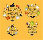 Set of halloween color monograms drawing in flat style on mustard background.