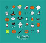 Set of halloween color icons drawing in flat style on turquoise background.