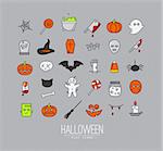 Set of halloween color icons drawing in flat style on gray background.