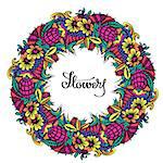 Bright round frame with wreath of flowers. Hand-drawn illustration. Vector.