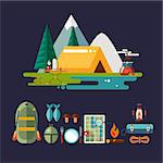 Set of hiking and camping icons. Flat design vector illustrations set