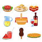 Set of bright icons of traditional french picnic food and drinks vector illustration collection