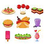 Set of colourful icons of traditional french picnic food, snacks and drinks vector illustration collection