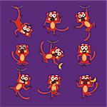 Monkeys in Different Poses, Vector Illustrations in Flat design
