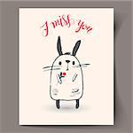 Postcard with a white Bunny and hand lettering "I miss you" Vector illustration