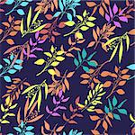 Seamless plant background. Endless pattern with colorful twigs and leaves silhouette. Vector illustration