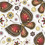 Seamless pattern with gold-purple vintage butterflies and flowers, vector