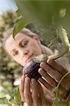 Mature woman inspecting vegetables growing in garden, close-up