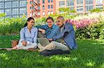 Business men and women sitting outdoors on grass, using laptop
