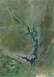 Satellite view of Lake Volta, in Ghana. It is the largest reservoir by surface area in the world, and the fourth largest by volume. This image was compiled from data acquired by Landsat satellites.