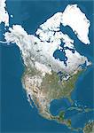 Satellite view of North America in winter, with partial snow cover. This image was compiled from data acquired by Landsat 7 & 8 satellites.
