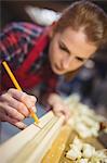 Female carpenter marking on wooden plank with pencil in workshop