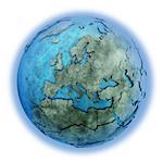 Europe on 3D model of planet Earth made of blue marble with embossed countries and blue ocean. 3D illustration isolated on white background.