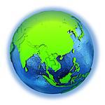 Southeast Asia on elegant green 3D model of planet Earth with realistic watery blue ocean and green continents with visible country borders. 3D illustration isolated on white background.