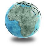 Africa on 3D model of planet Earth made of blue marble with embossed countries and blue ocean. 3D illustration isolated on white background with shadow.