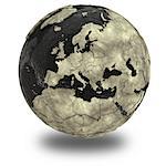 Europe on 3D model of planet Earth with black oily oceans and concrete continents with embossed countries. Concept of petroleum industry or global enviromental disaster. 3D illustration isolated on white background with shadow.