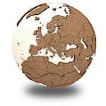 Europe on 3D model of planet Earth with oceans made of polystyrene and continents made of cork with embossed countries. 3D illustration isolated on white background with shadow.