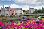 beautiful flower lined riverside view of kilkenny castle town and bridge