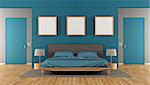 Blue and brown modern bedroom with double bed,blank frame and two closed door - 3d rendering