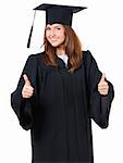 Beautiful graduate girl student in mantle showing thumb sign, isolated on white background