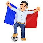 3d sport people illustration. Football fan with the flag of France. Isolated white background.