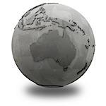 Australia on 3D model of metallic planet Earth made of steel plates with embossed countries. 3D illustration isolated on white background with shadow.