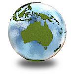 Australia on 3D model of planet Earth with grassy continents with embossed countries and blue ocean. 3D illustration isolated on white background with shadow.