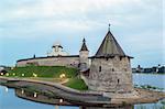 view of Krom or Kremlin in Pskov, Russia from Pskova river