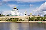 view of Krom or Kremlin in Pskov from Velikaya river, Russia
