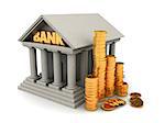 3d illustration of bank building and golden coins
