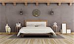 Vintage brown bedroom with wooden double bed - 3d rendering