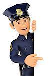 3d security forces people illustration. Policeman pointing aside. Blank space. Isolated white background.