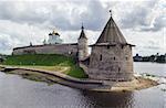 view of Krom or Kremlin in Pskov from Pskova river, Russia