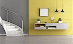 White stair in a minimalist living room with gray sideboard on yellow wall - 3d rendering