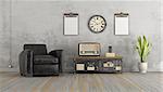 Vintage living room with black armchair and old radio on coffee table - 3d rendering