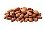 Studio shot of group of almond nuts isolated on white background.