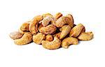 Studio shot of heap of cashew nuts isolated on white background.