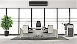 Black and white modern office with desk ,photocopier and large windows - 3d rendering