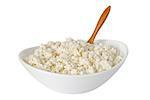 cottage cheese with the wooden spoon in a white bowl isolated on a white background - with clipping path